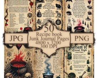 May include: A vintage-style recipe book with 50 junk journal pages. The image features illustrations of potions, skulls, and cauldrons, with text in a gothic font. The overall color scheme is sepia and dark red.