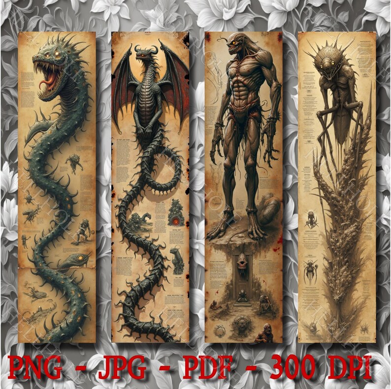 Puede incluir: Cuatro ilustraciones digitales de criaturas monstruosas sobre un fondo de pergamino. Las criaturas son una criatura verde parecida a una serpiente con espinas, un drag&oacute;n negro con alas rojas, una criatura humanoide con piel marr&oacute;n y una boca grande, y una criatura alta y delgada con un cuello largo y muchas patas.