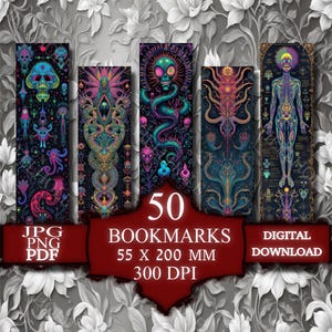 May include: Set of 50 digital bookmarks featuring psychedelic, colorful, and intricate illustrations of various creatures and patterns. The bookmarks are 55 x 200 mm and 300 DPI.
