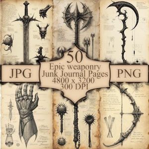 Puede incluir: 50 páginas digitales imprimibles de ilustraciones de estilo vintage de armas, incluyendo una espada, un hacha, una guantelete, una maza y un arco y flechas. Las páginas son de 4800 x 3200 píxeles y 300 DPI. Formatos JPG y PNG.