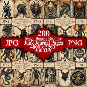 Könnte beinhalten: Eine Sammlung digitaler Kunstseiten mit verschiedenen Fantasy-Kreaturen und Monstern. Das Bild enthält den Text "200 Mega Bundle Bestiary Junk Journal Pages" sowie Informationen zu Auflösung und Dateitypen.