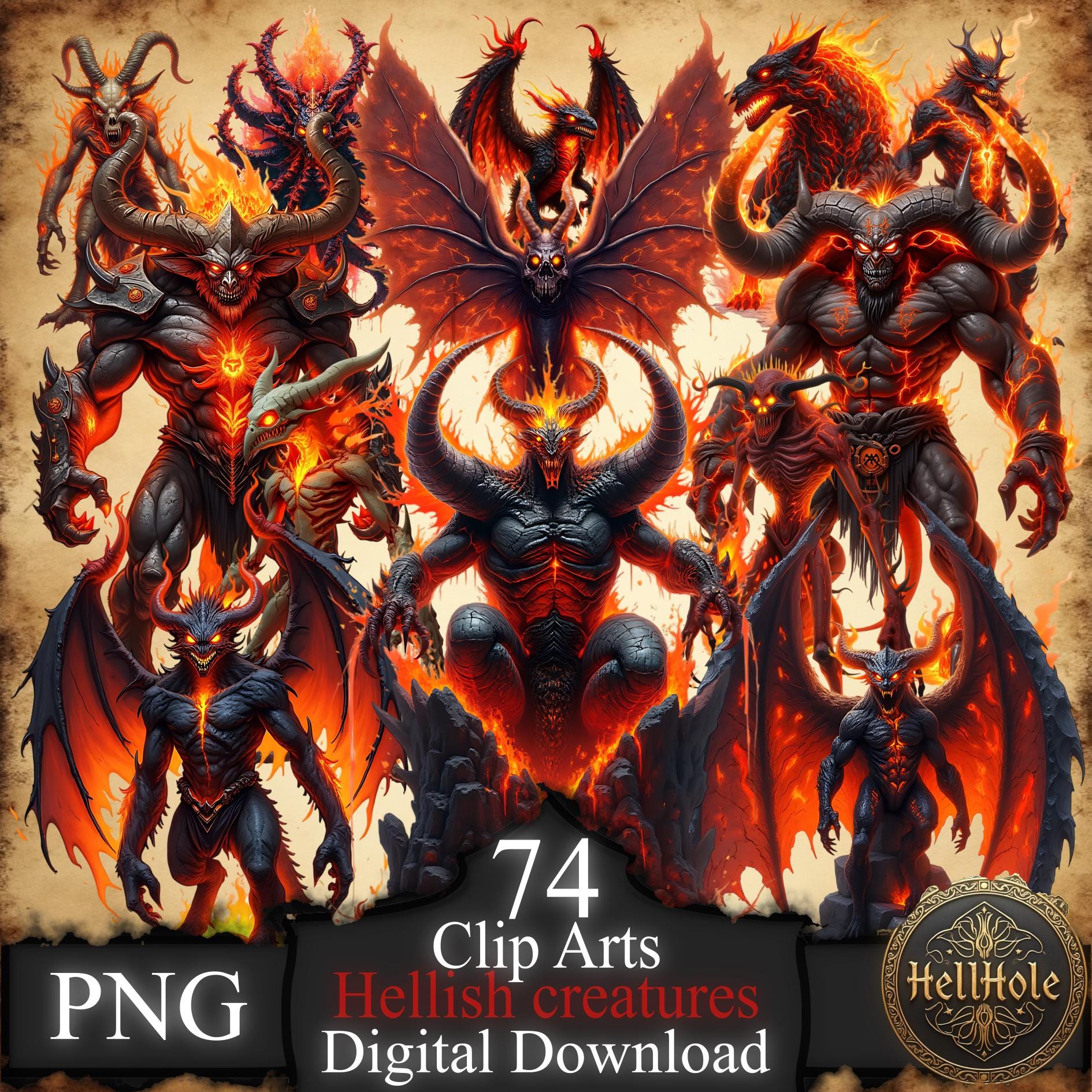 Infernal Monster Hellish Creatures Clip Art Bundle With Dark Demonic Illustrations ...