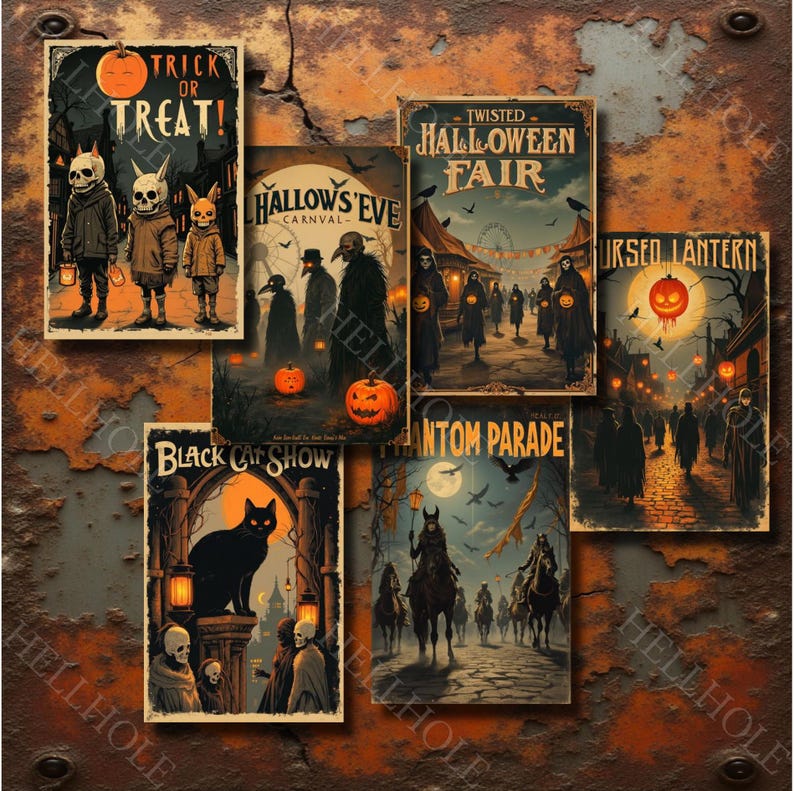 Puede incluir: Una colecci&oacute;n de carteles de Halloween de estilo vintage con ilustraciones espeluznantes. Los carteles presentan im&aacute;genes de ni&ntilde;os pidiendo dulces, un gato negro, una feria embrujada y un desfile fantasma. La paleta de colores incluye naranja, negro y marr&oacute;n.