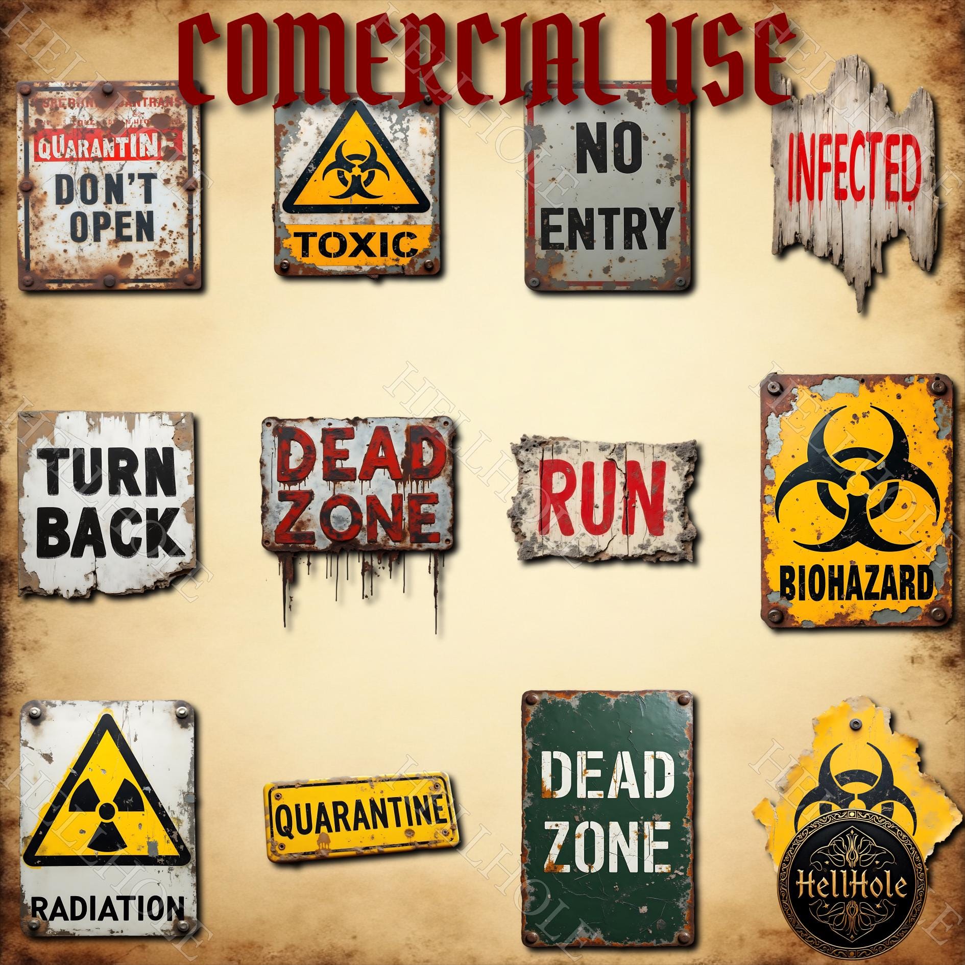 Apocalyptic Warning Signs Clip Art Set, Fallout Hazard Symbols. Digital ...