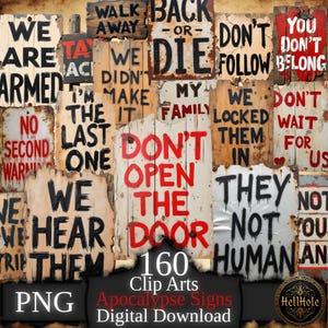Peut inclure: Un ensemble de panneaux en bois patinés avec des inscriptions en noir et rouge. Les phrases incluent « Ne pas ouvrir la porte » et « Ils ne sont pas humains ». L'image contient le texte « 160 Clip Arts Apocalypse Signs Digital Download ».