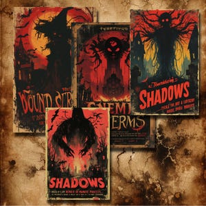 May include: Four vintage horror movie posters with red and black color schemes. The posters feature shadowy figures and the text "Terrifying Shadows", "Wounds That Never Heal", "Teuronting Shadows", and "Shadows".