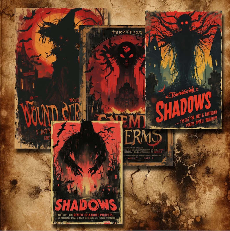 May include: Four vintage horror movie posters with red and black color schemes. The posters feature shadowy figures and the text "Terrifying Shadows", "Wounds That Never Heal", "Teuronting Shadows", and "Shadows".