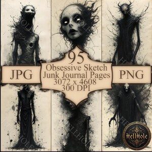 Puede incluir: Un collage de arte digital con seis ilustraciones góticas oscuras de figuras grotescas. Las imágenes son en blanco y negro con una textura de papel vintage. El texto incluye "95 Obsessive Sketch Junk Journal Pages" e indicadores de tipo de archivo.