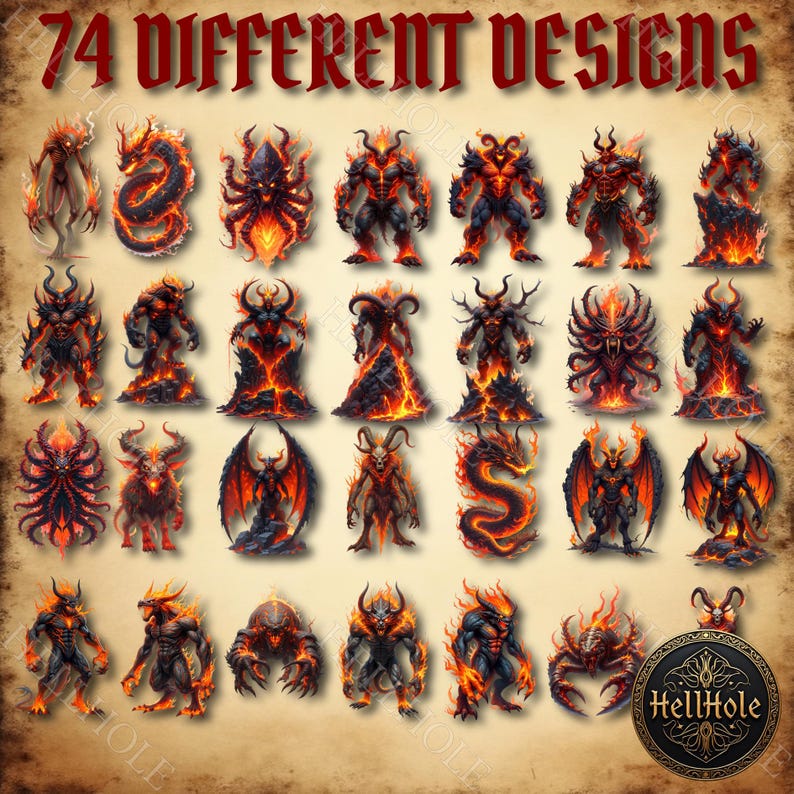 Infernal Monster Hellish Creatures Clip Art Bundle With Dark Demonic Illustrations ...