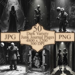 Könnte beinhalten: Eine schwarz-weiße digitale Kunstkomposition mit verschiedenen gotischen und Horrorfiguren, darunter eine vermummte Gestalt, ein skelettartiger Humanoid und ein Clown mit einem Ballon. Das Bild enthält den Text "50 Dark Variety Junk Journal Pages".