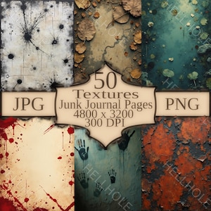 Puede incluir: Un collage de texturas desgastadas para páginas de diario basura. La imagen incluye varios fondos con salpicaduras, hojas y huellas de manos. La pancarta central dice "50 Texturas Junk Journal Pages" con detalles del tipo de archivo y resolución.