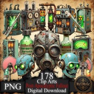 Puede incluir: Una colección de arte digital con cliparts de temática postapocalíptica. La imagen muestra varias máquinas de inspiración steampunk, máscaras de gas y botellas con etiquetas de advertencia. La paleta de colores incluye tonos de verde azulado, marrón y verde. El texto en la imagen dice "178 Clip Arts PNG Post-Apocalyptic Fallout Digital Download."