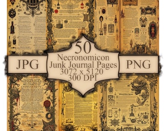 Può includere: Una collezione di 50 pagine di junk journal Necronomicon in formato JPG e PNG, con sfondi in pergamena invecchiata e intricate illustrazioni a inchiostro nero di simboli occulti, creature e testo, 3072 x 5120, 300 DPI.