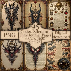 Op de afbeelding: Een digitale download van 95 Codex Silentium junk journal pagina's. De afbeelding toont gotische illustraties van demonen, engelen en mythische wezens. De pagina's zijn ontworpen met een vintage esthetiek, met de tekst "PNG" en "Digital download".