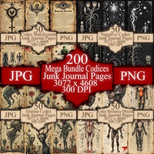 May include: A digital art bundle featuring 200 junk journal pages. The image showcases various gothic-themed illustrations, including anatomical drawings, botanical elements, and occult symbols. The pages are available in JPG and PNG formats, with a resolution of 3072 x 4608 pixels at 300 DPI.