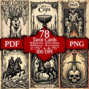 Può includere: Un set di 78 carte dei tarocchi con illustrazioni in bianco e nero. Le carte presentano immagini di "The Lovers", "Ace of Cups", "The Devil", "Death", "Pentacles" e "Ace of Swords". Le carte misurano 7 x 12 cm.