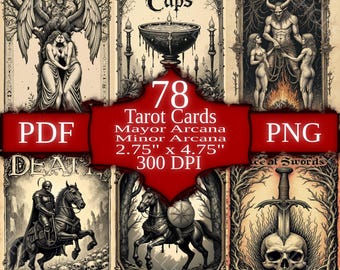 Jeu de cartes de tarot gothique sombre : 78 motifs mystiques (téléchargement numérique PDF + PNG)