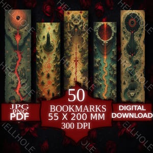 May include: Five fantasy-themed bookmarks with detailed illustrations in shades of red, green, and brown. Each bookmark features a unique landscape design. The image includes the text "50 BOOKMARKS 5.5 x 20 cm 300 DPI DIGITAL DOWNLOAD".