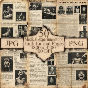 Könnte beinhalten: Eine Collage aus 50 Vintage-Seiten aus medizinischen Fachzeitschriften mit Schwarzweißbildern von medizinischen Experimenten. Die Seiten sind abgenutzt und haben ein veraltetes Aussehen. Der Großteil des Textes auf den Seiten ist unleserlich, aber die Wörter "Medizinische Experimente" und "Junk Journal Pages" sind sichtbar. Die Seiten sind 4800 x 3200 Pixel groß und haben eine Auflösung von 300 DPI.