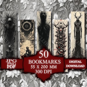 Set of 50 Bookmarks with Dark Horror Art, Occult Illustrations, Gothic Visuals, Haunted Themes, Sinister and Disturbing Aesthetic