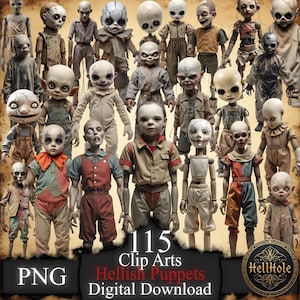 May include: A collection of 115 clip art images of creepy, hellish puppets. The puppets have pale skin, unsettling expressions, and are dressed in various vintage-style outfits. The image includes the text "PNG", "Hellish Puppets", and "Digital Download".