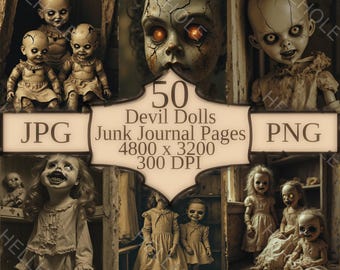 Puede incluir: Un collage de muñecas antiguas y espeluznantes con rostros agrietados y ojos brillantes. La imagen incluye el texto "50 Devil Dolls Junk Journal Pages" con dimensiones e información del tipo de archivo. La estética general es oscura y vintage.
