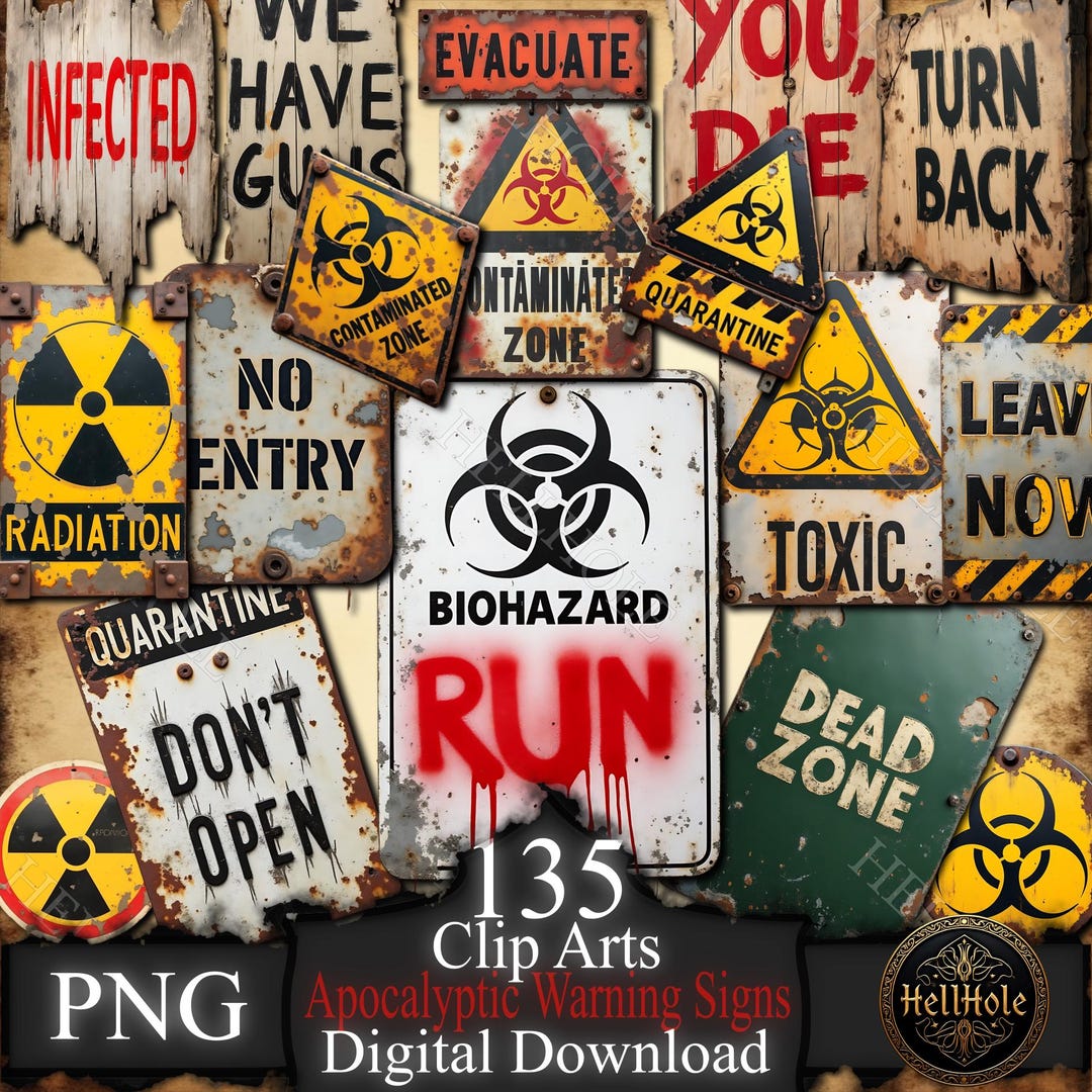 Apocalyptic Warning Signs Clip Art Set, Fallout Hazard Symbols. Digital ...