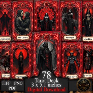May include: A collection of 78 tarot cards with a gothic theme. Each card features detailed illustrations in shades of red and black, with titles like "The Lovers" and "The Devil." The deck measures 3 x 5.1 inches.