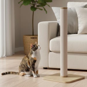 May include: A beige cat scratching post with a square base and a tall, cylindrical scratching surface. The post is made of light-colored wood and fabric. A multi-colored cat sits on the floor, looking up at the post. The background includes a sofa, plant, and artwork.