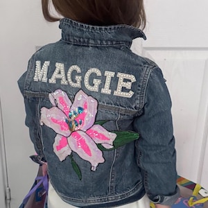 Pre loved | Kids Custom Denim Jacket - with Large Flower and Patches