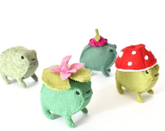 Felt Frog Pattern with PDF & SVG featuring Mushroom, Flower Bud and Lilli-Pad Hats