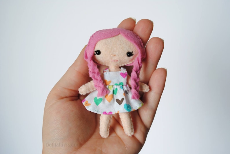 Mini Felt Doll Sewing Pattern PDF 4 inch Tiny Kawaii Doll with Braids. Dollhouse Doll Pattern. Hand Sewing Pattern. Handmade Gift. image 3