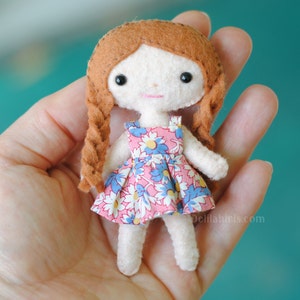 Mini Felt Doll Sewing Pattern PDF 4 inch Tiny Kawaii Doll with Braids. Dollhouse Doll Pattern. Hand Sewing Pattern. Handmade Gift. image 1
