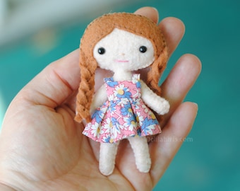 Mini Felt Doll Sewing Pattern PDF * 4 inch Tiny Kawaii Doll with Braids. Dollhouse Doll Pattern. Hand Sewing Pattern. Handmade Gift.