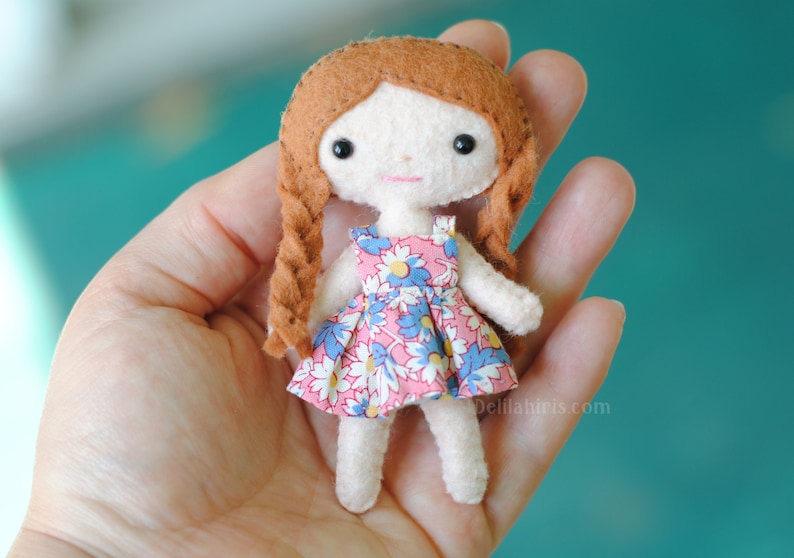 Mini Felt Doll Sewing Pattern PDF 4 inch Tiny Kawaii Doll with Braids. Dollhouse Doll Pattern. Hand Sewing Pattern. Handmade Gift. image 1