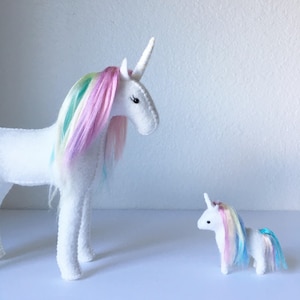 Hand Sewn Felt Stuffed Unicorn Set. Mother and Baby Unicorns