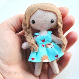 Mini Felt Doll Sewing Pattern PDF 4 inch Tiny Kawaii Doll with Braids. Dollhouse Doll Pattern. Hand Sewing Pattern. Handmade Gift. image 2