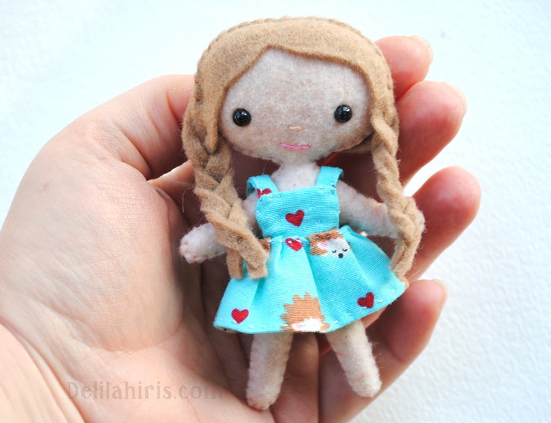 Mini Felt Doll Sewing Pattern PDF 4 inch Tiny Kawaii Doll with Braids. Dollhouse Doll Pattern. Hand Sewing Pattern. Handmade Gift. image 2
