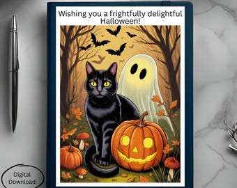 Biglietto d'auguri vintage di Halloween con gatto nero e fantasma, foresta autunnale (PDF)