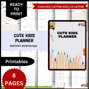 Planejador infantil, planejador diário infantil para impressão, diário para crianças, planejador infantil para impressão de 8 páginas, planejador infantil em PDF, rotina diária para fazer