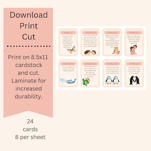 Cartões de provérbios bíblicos para crianças l Flashcards de versículos bíblicos para crianças l 24 cartões ilustrados de escrituras l Download digital l Uso na escola dominical