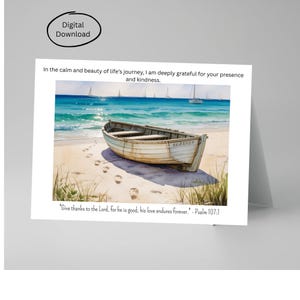 Dankbaarheidskaart afdrukbare pdf, aquarel strandroeiboot bedankkaart met psalm 107:1, Coastal Faith-cadeaubon