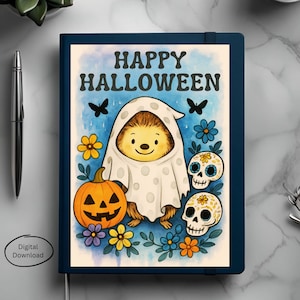 Biglietto digitale di Halloween con riccio spettrale carino 5x7, riccio fantasma stravagante con zucca e teschi, regalo di auguri di Halloween