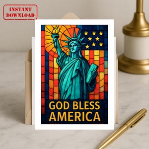 Cartão patriótico para impressão, estilo vitral com bandeira americana e Estátua da Liberdade, presente de Natal com a frase "Deus abençoe a América", cartão patriótico para o Natal