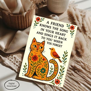Carte de voeux d'art populaire numérique, motif chat et oiseau pour l'encouragement, cadeau d'amitié parfait pour élever vos proches