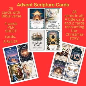 May include: Advent Scripture Cards featuring Bible verses. The set includes 25 cards with Bible verses, plus a title card and 2 cards recounting the Christmas story. Each card measures 3.5 x 4.75 inches. The cards feature various religious illustrations.