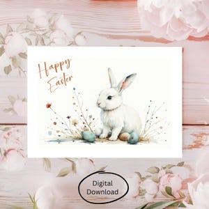 Paaskaart - aquarelkonijn en kleurrijke eieren, gepersonaliseerde digitale groeten, minimalistisch ontwerp voor lentefeesten