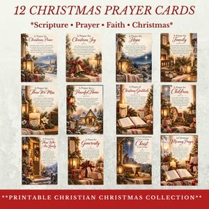 Puede incluir: Un conjunto de 12 tarjetas de oración navideñas con imágenes festivas que incluyen linternas, velas, libros abiertos y escenas invernales. Cada tarjeta muestra un título único como A Prayer for Christmas Peace, Joy, Hope, Family y texto.