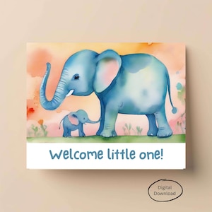 Tarjeta de nuevo bebé, tarjeta de género neutro, felicitaciones por el nacimiento, tarjeta de nacimiento, ilustración de elefantes juguetones, descarga digital, imprimible,