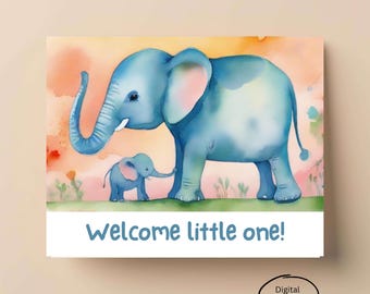 Nouvelle carte de bébé, carte non sexiste, félicitations à la naissance, carte de naissance, illustration ludique d'éléphants, téléchargement numérique, imprimable,